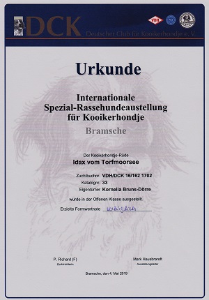 Urkunde Spezial-Rassehundeausstellung in Bramsche 04.05.2019